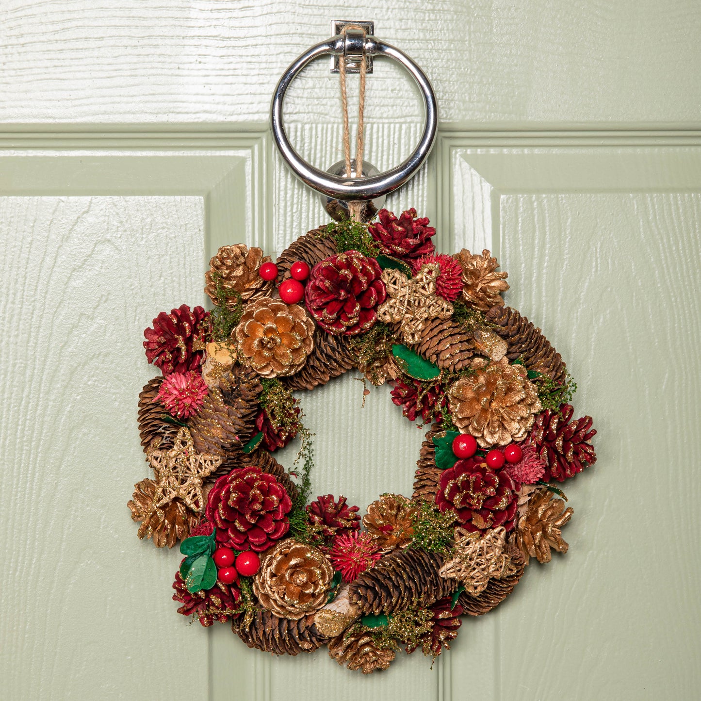 30cm Red Hanging Christmas Wreath with Red Berries and Pinecones