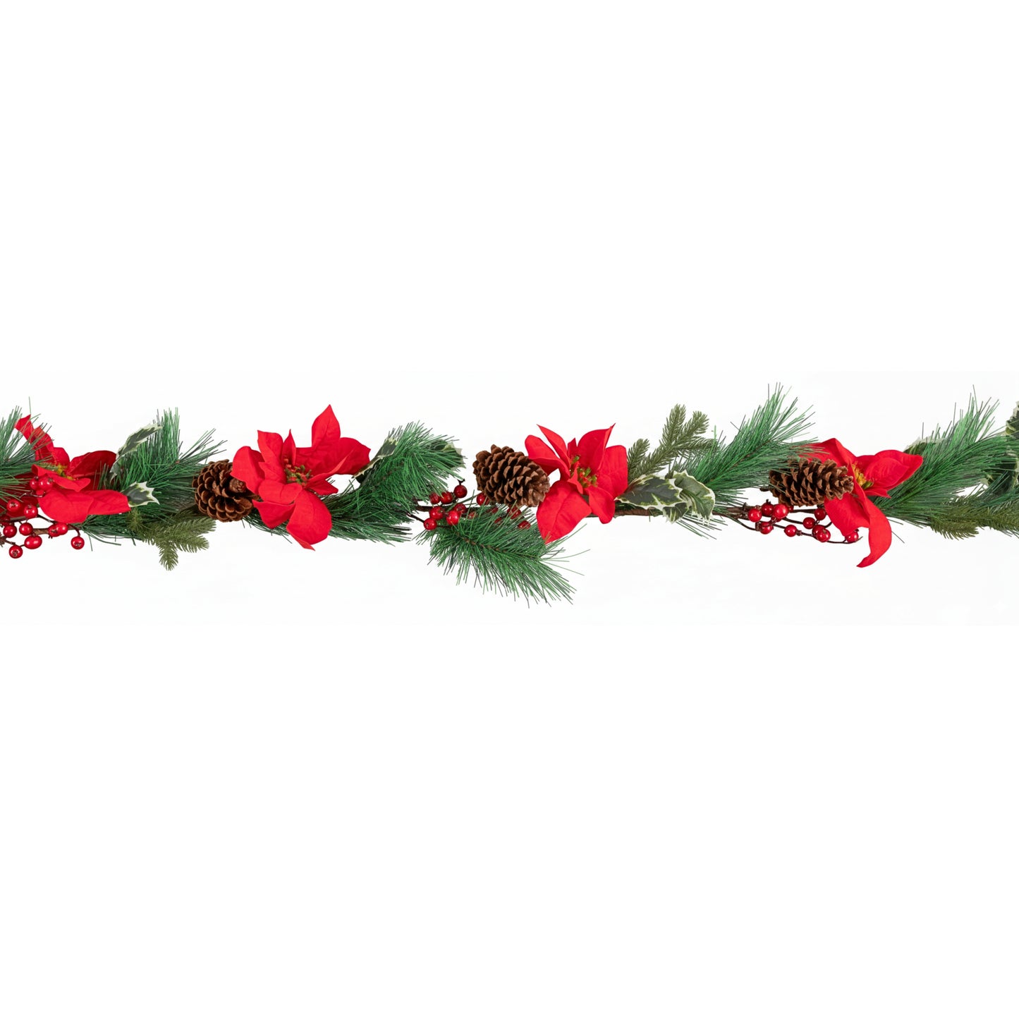 1.8m Red and Green Christmas Poinsettia Garland with Pinecones & Seasonal Foliage