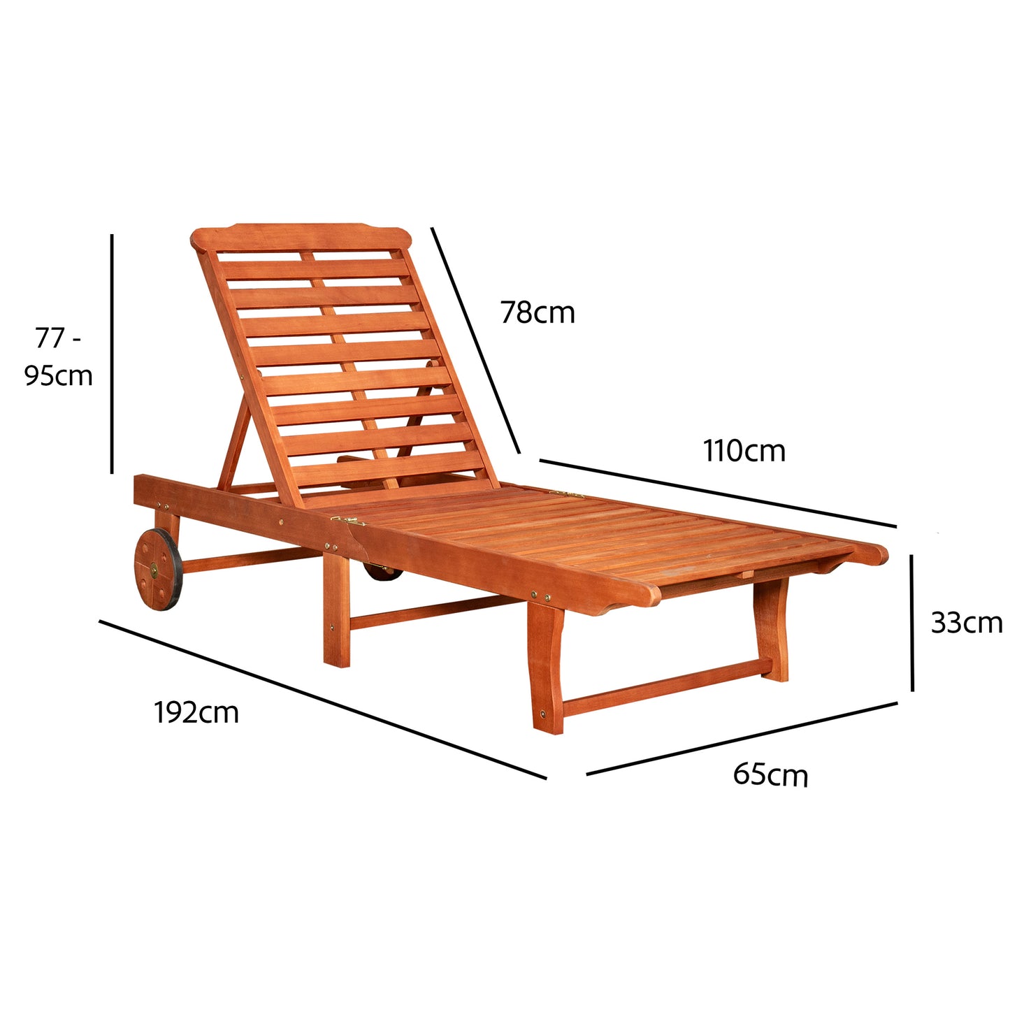 1.9m x 0.6m Outdoor Wooden Adjustable Foldable Sunlounger with Wheels