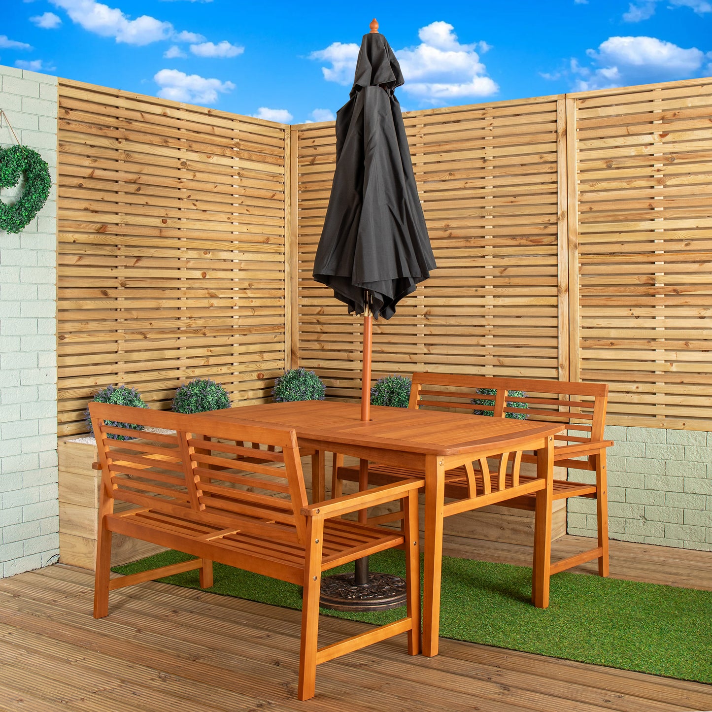 Outdoor 4 Person Rectangular Wooden Garden Table, 2 Benches with Black Parasol & Base Furniture Set