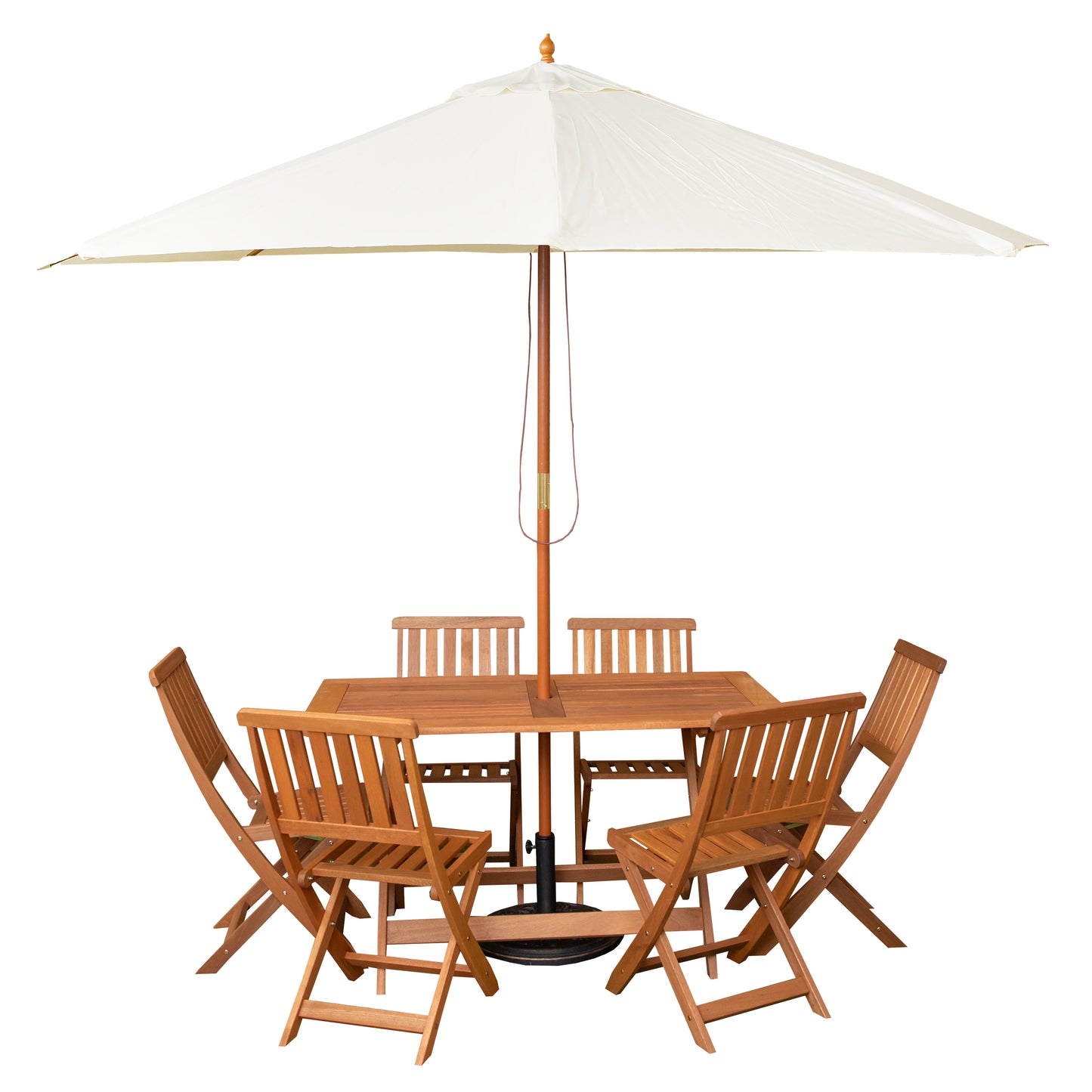 Outdoor 6 Person Folding Rectangular Wooden Garden Dining Table Chairs Cream Parasol and Base set