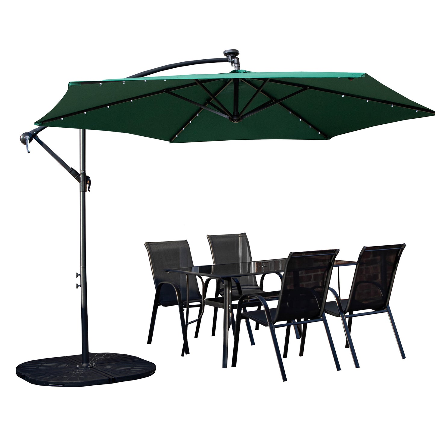 Outdoor 4 Person Rectangular Glass Top Garden Dining Table Chairs With Green Banana Lit Parasol and Base