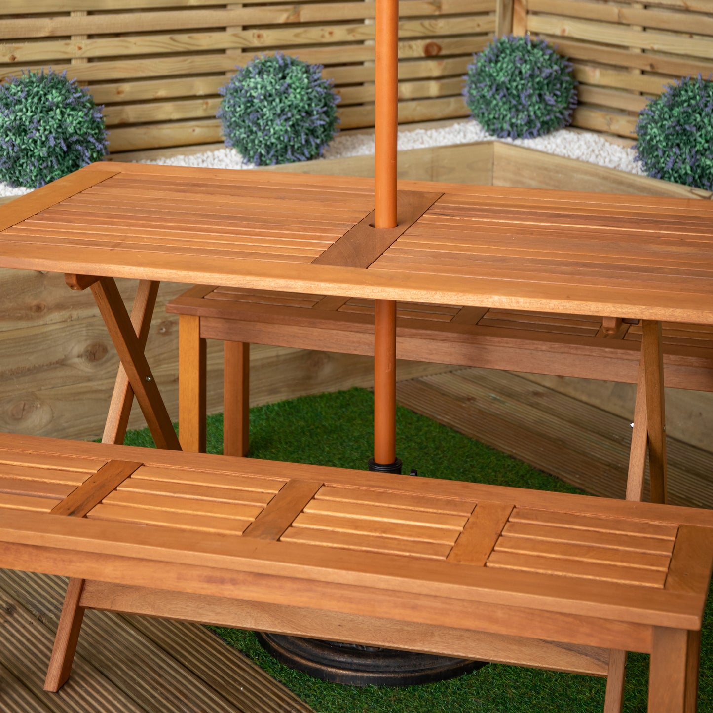 Outdoor 4 Person Rectangular Wooden Garden Dining Table, 2 Benches with Grey Parasol and Base Set