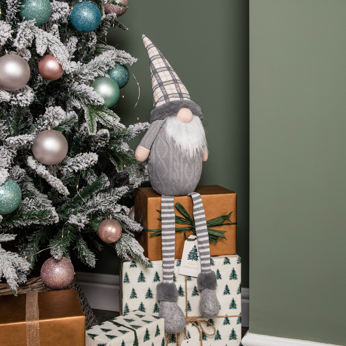 73cm Grey Sitting Christmas Gonk Decoration with Tartan Hat and Dangly Legs