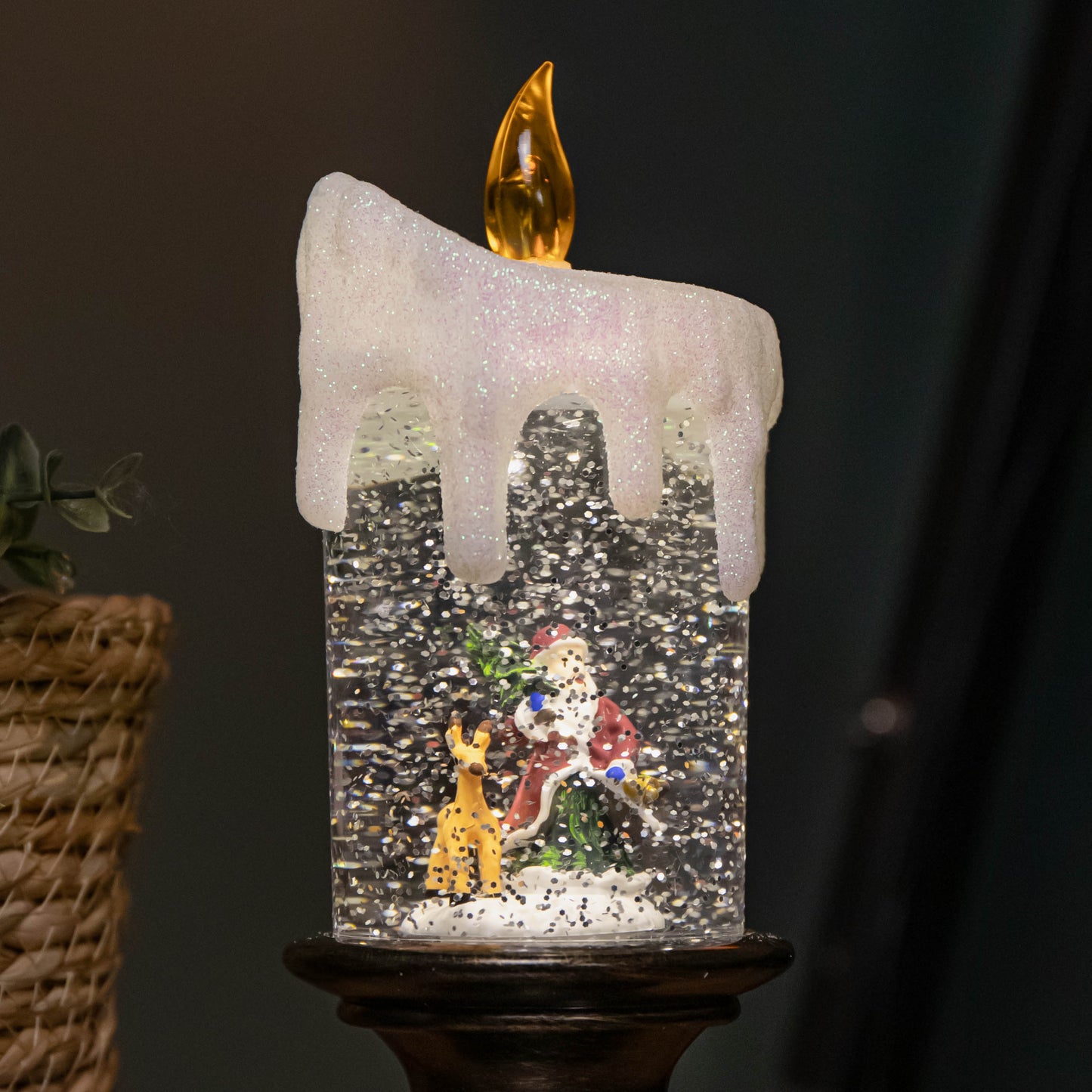25cm Snowtime Dual Power LED Water Spinner Candlestick with Santa Scene