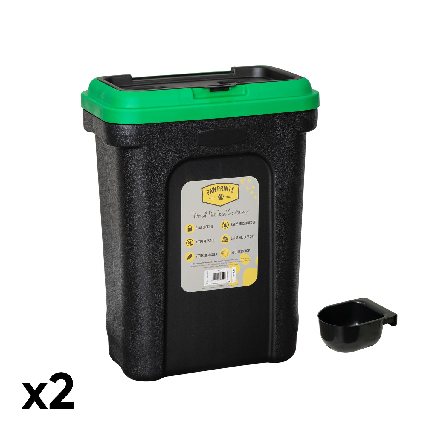 2 x 30 Litre Plastic Dried Pet Food Storage Container Tubs with Food Scoop