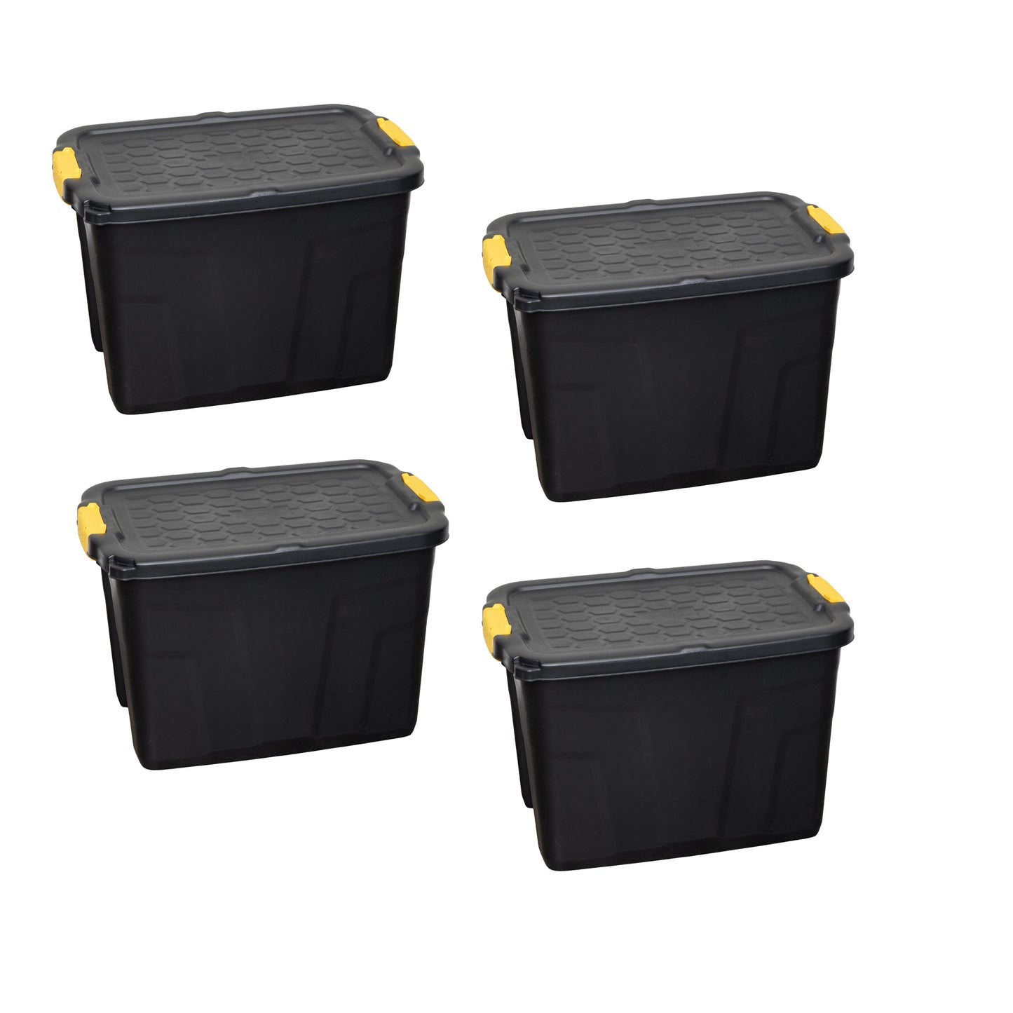 4 x 60L Heavy Duty Storage Tubs Sturdy, Lockable, Stackable and Nestable Design Storage Chests with Clips in Black