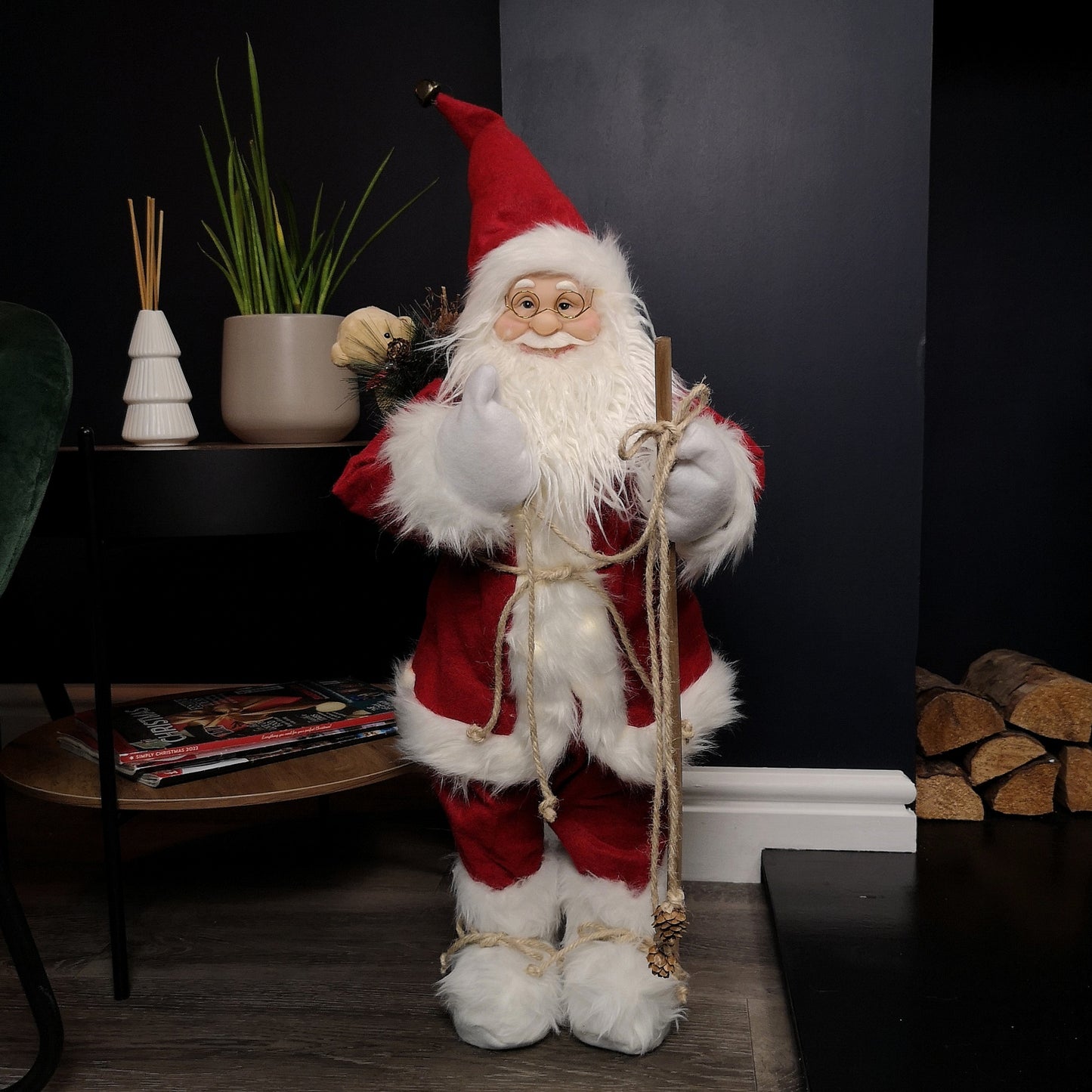 60cm Battery Operated Red Standing Light up Santa Claus with Brown Woven Sack