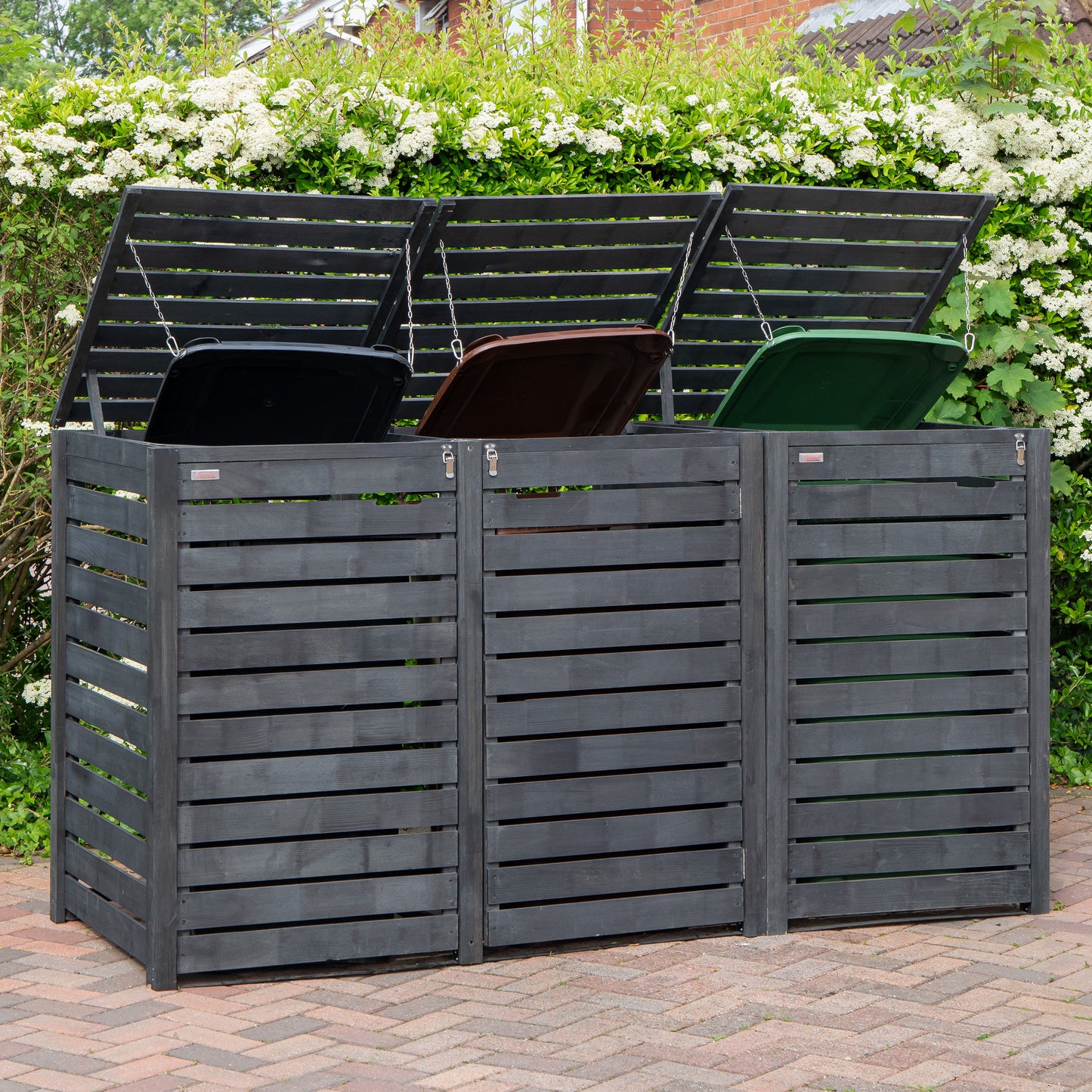 2.15m x 1.16m Outdoor Wooden Garden Triple Wheelie Bin Store Storage for 3 Bins in Dark Grey