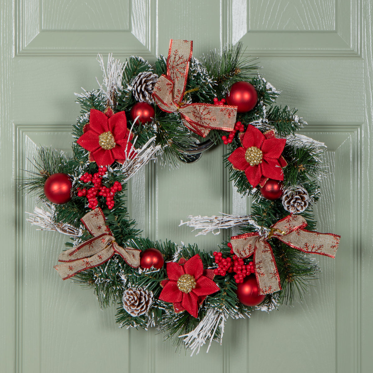 40cm Christmas Wreath with Snow Tipped Branches, Red Berries, Baubles and Bows