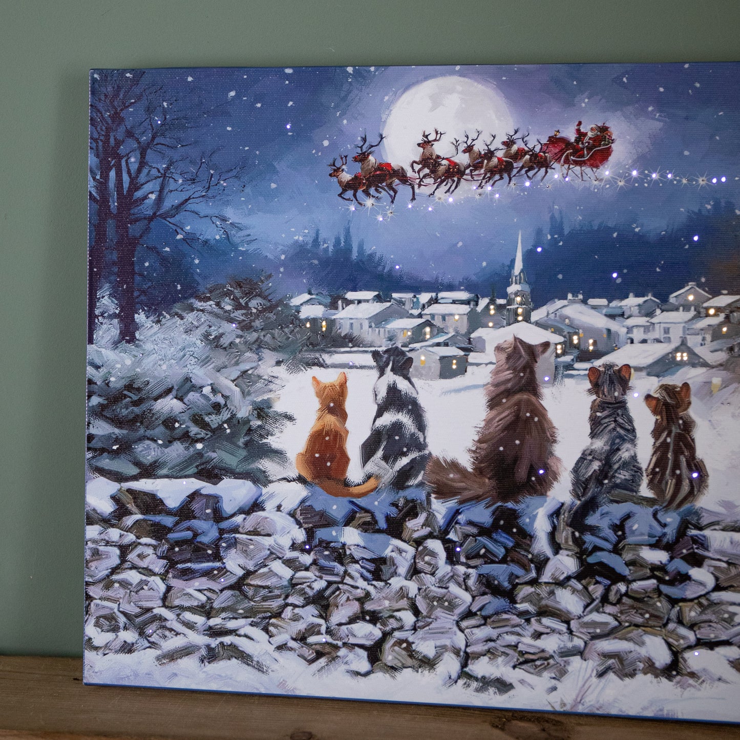 40 x 30cm Touch Operated Fibre Optic Christmas Wall Art Canvas with Cat Scene