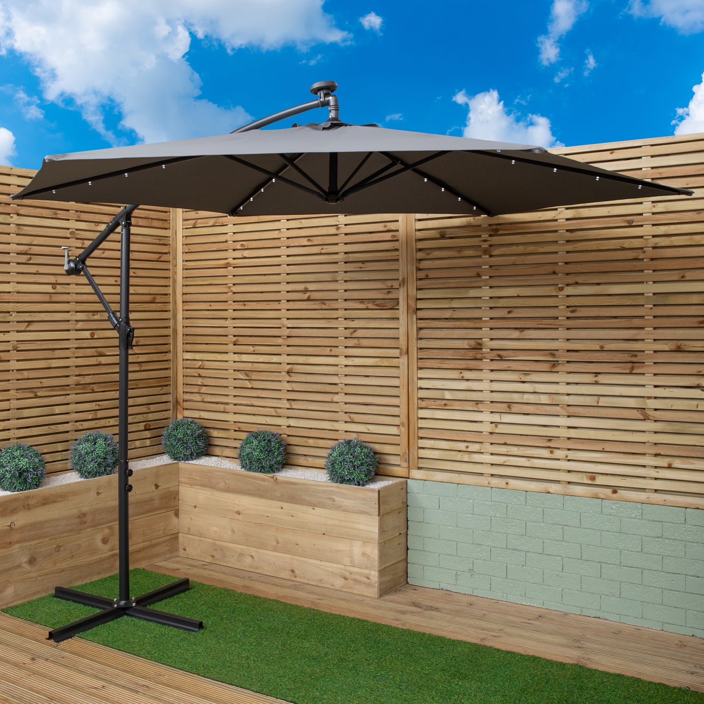 3m Solar Powered Lit Banana Cantilever Garden Parasol with LEDs & Base Weights Included in Grey