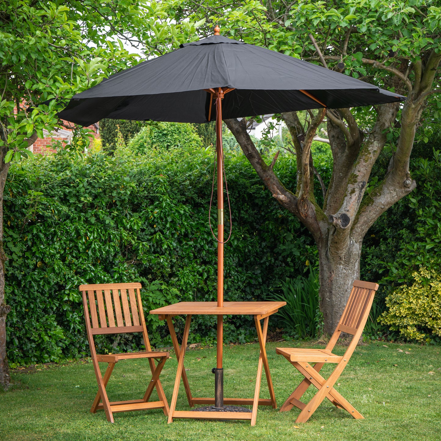 Outdoor 2 Person Folding Square Wooden Garden Dining Table Chairs Black Parasol and Base Set