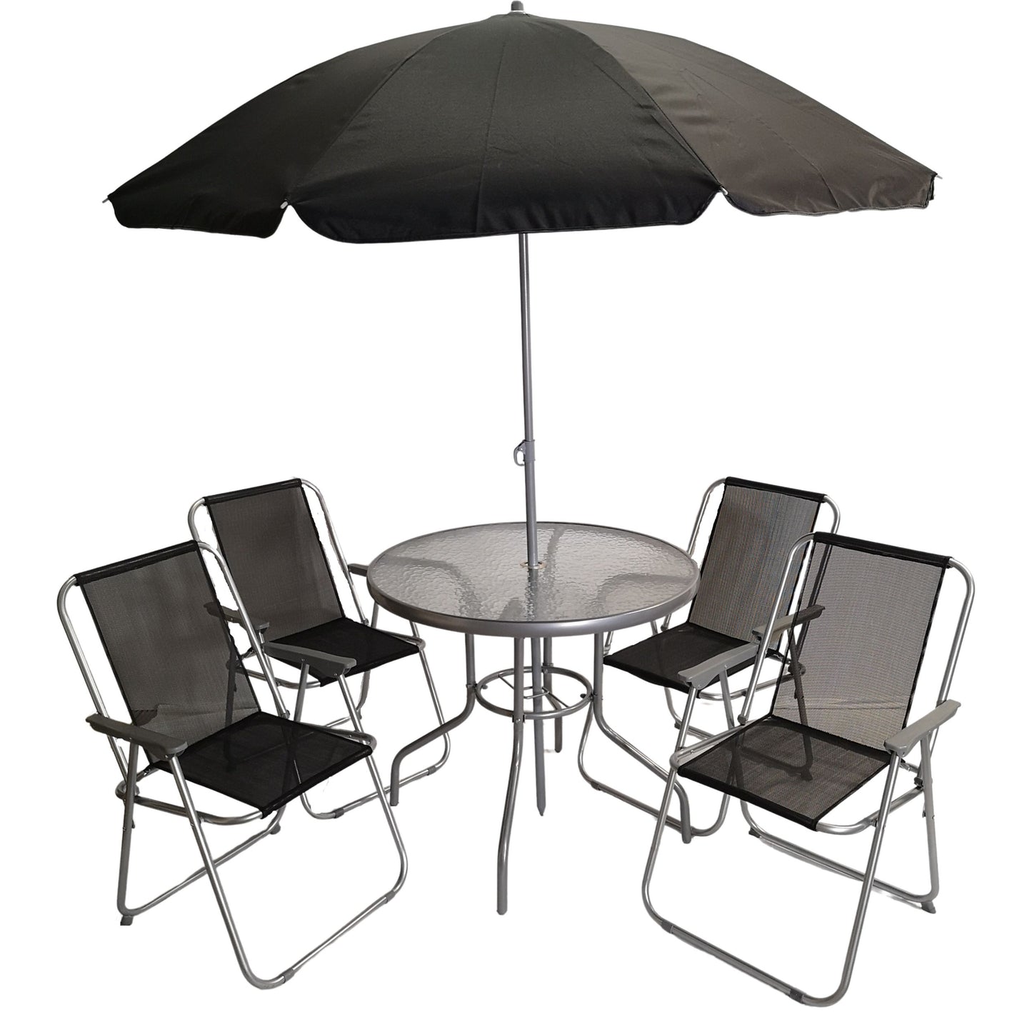 Factory Seconds: Samuel Alexander 4 Seater Garden Table And Chairs Set 4 Folding Chairs Outdoor Glass Table Garden Dining Set With Black Parasol Umbrella Patio Furniture Set