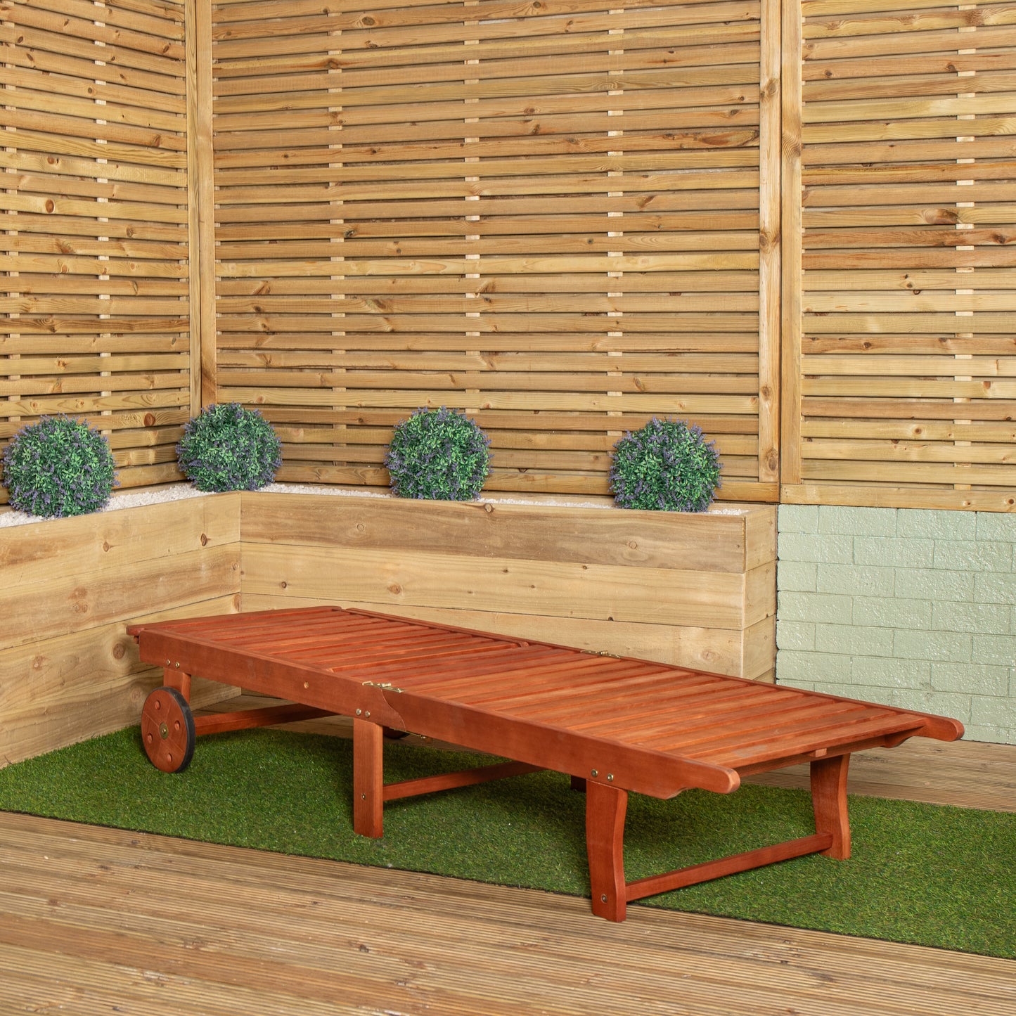 1.9m x 0.6m Outdoor Wooden Adjustable Foldable Sunlounger with Wheels