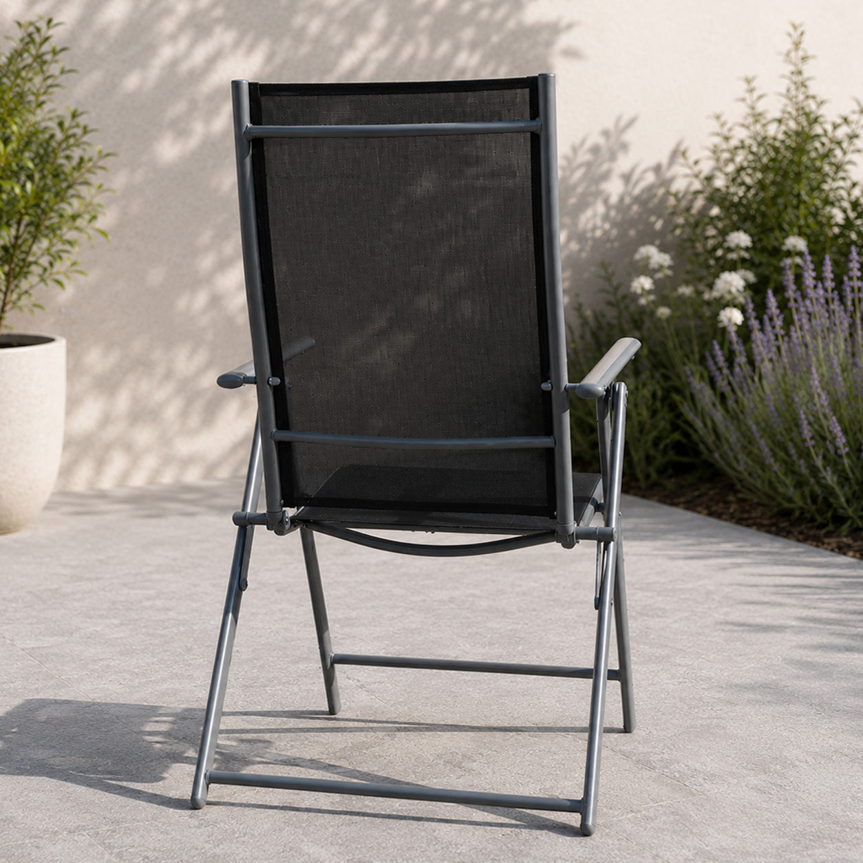 Outdoor Garden Patio Multi Position Reclining Folding Chair in Black and Silver