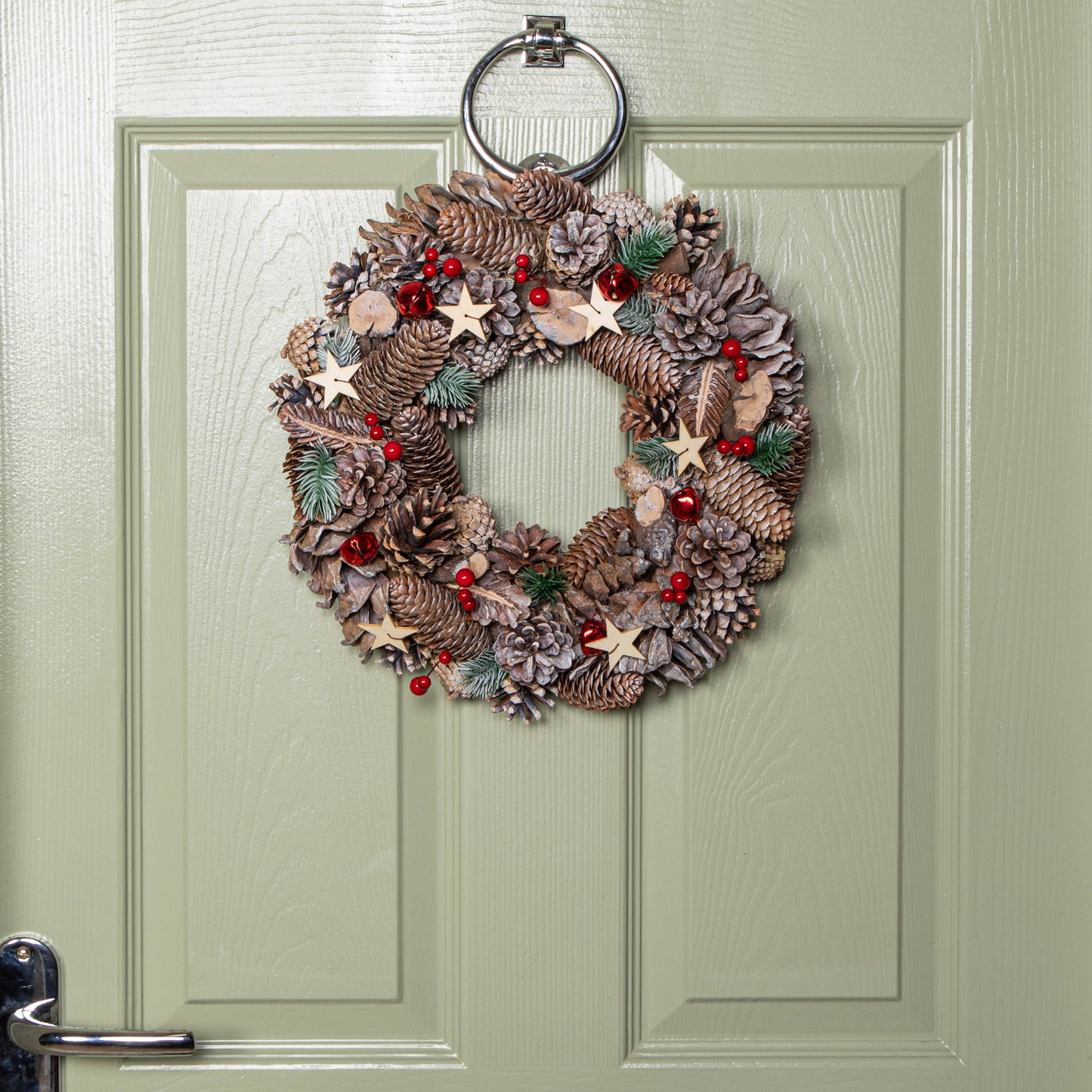 36cm Frosted Hanging Christmas Wreath with Red Jingle Bells & Wooden Stars