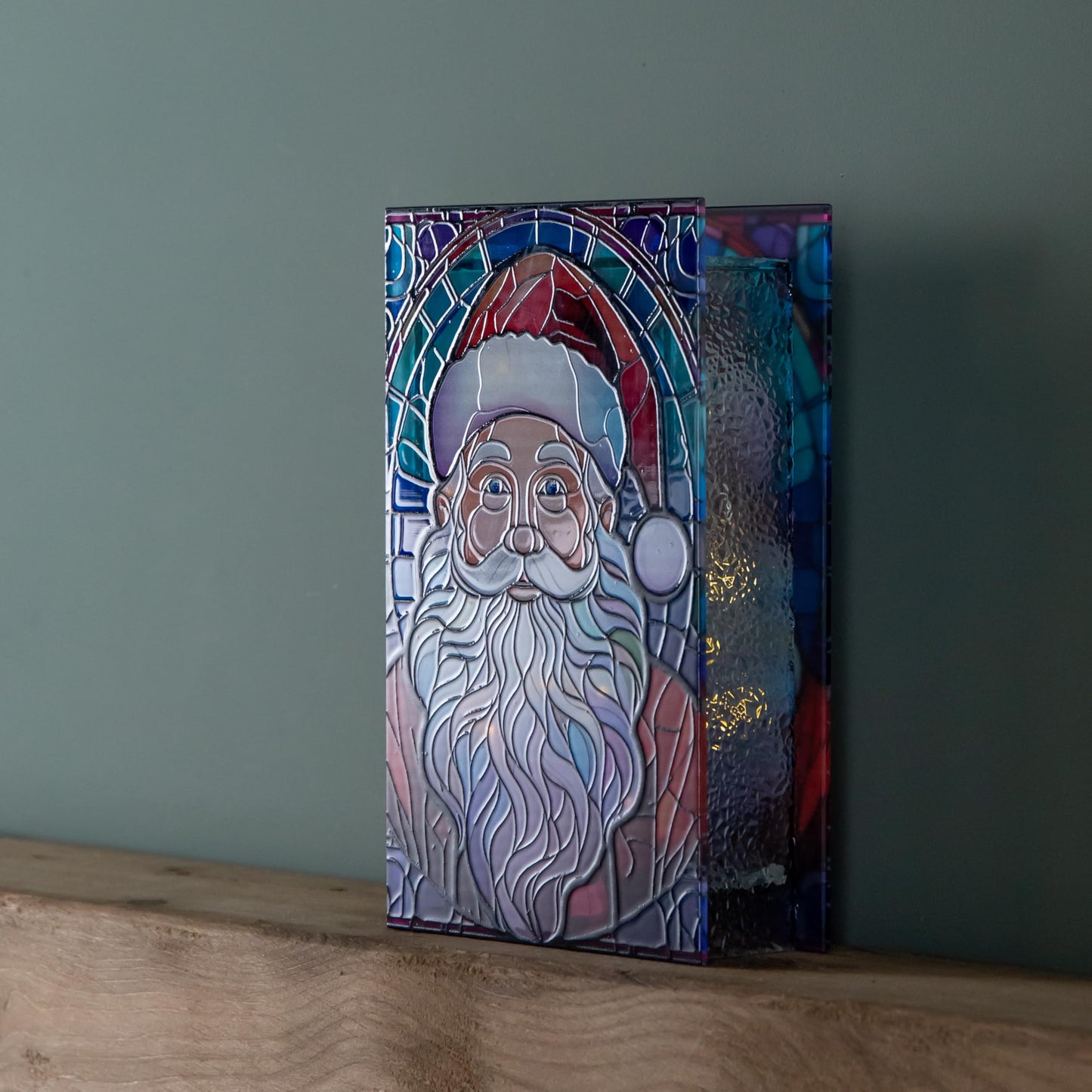 21cm Battery Operated Light up Double Sided Stained Glass Santa Decoration with LEDs