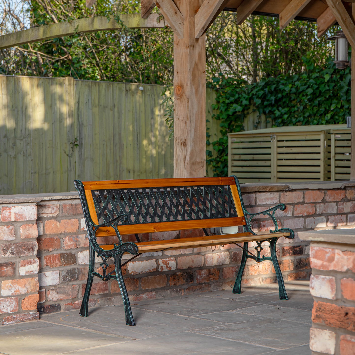 2 Seater Outdoor Wooden Cast Iron with Lattice Design Garden Patio Bench