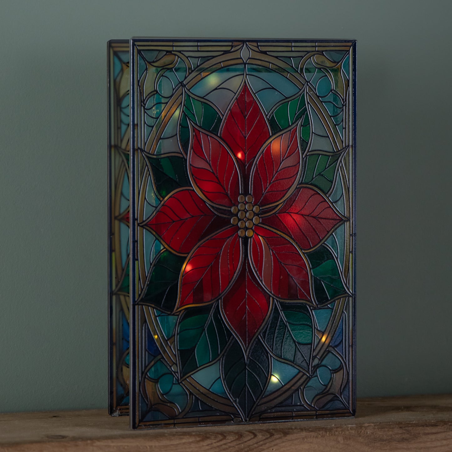 21cm Battery Operated Light up Double Sided Stained Glass Poinsettia Decoration with LEDs