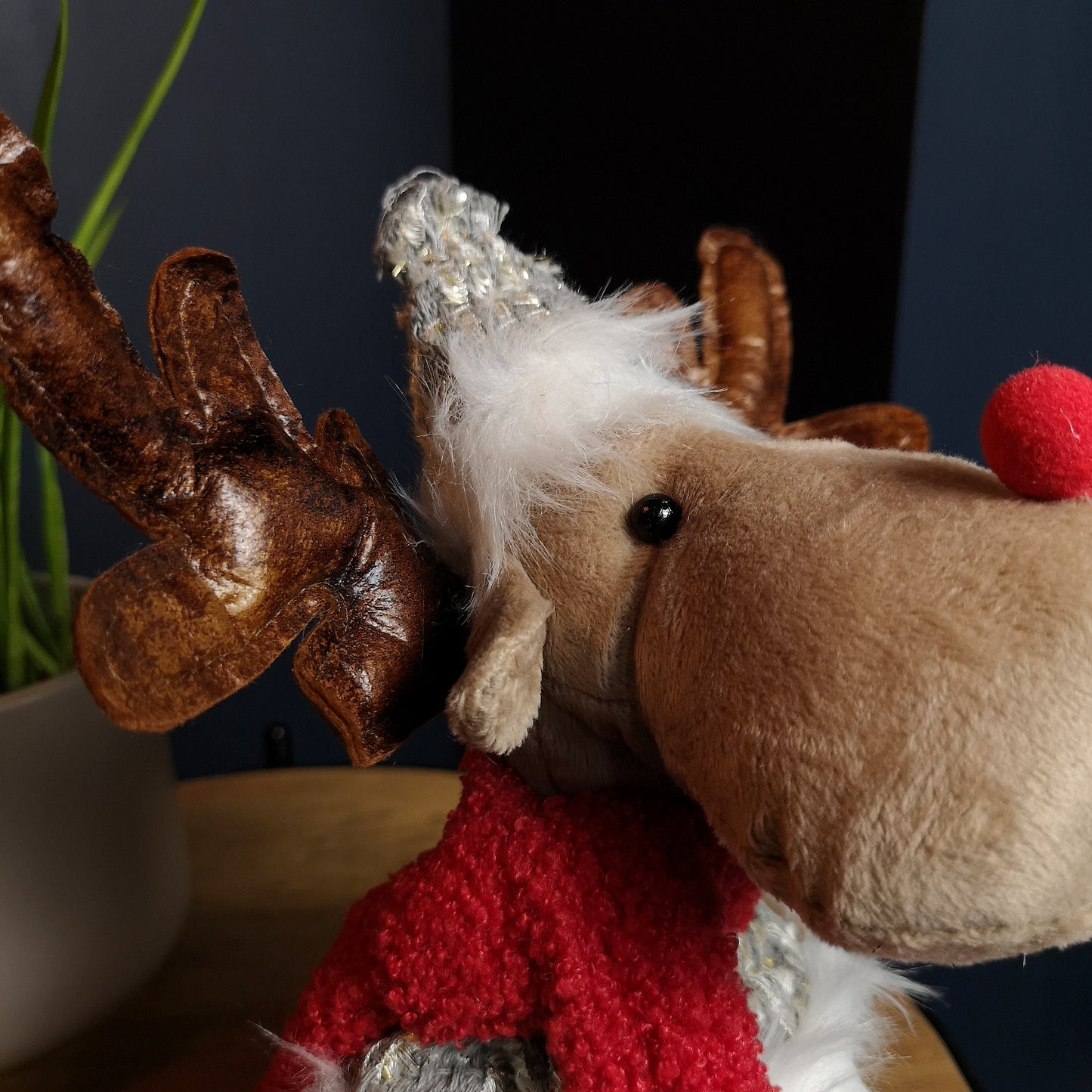 38cm Plush Reindeer Christmas Decoration with Hat and Scarf in Grey