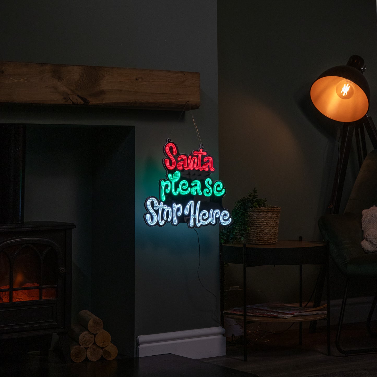 40cm Light up Hanging Santa Stop Here Christmas Infinity Mirror Light with Multi-Coloured LEDs