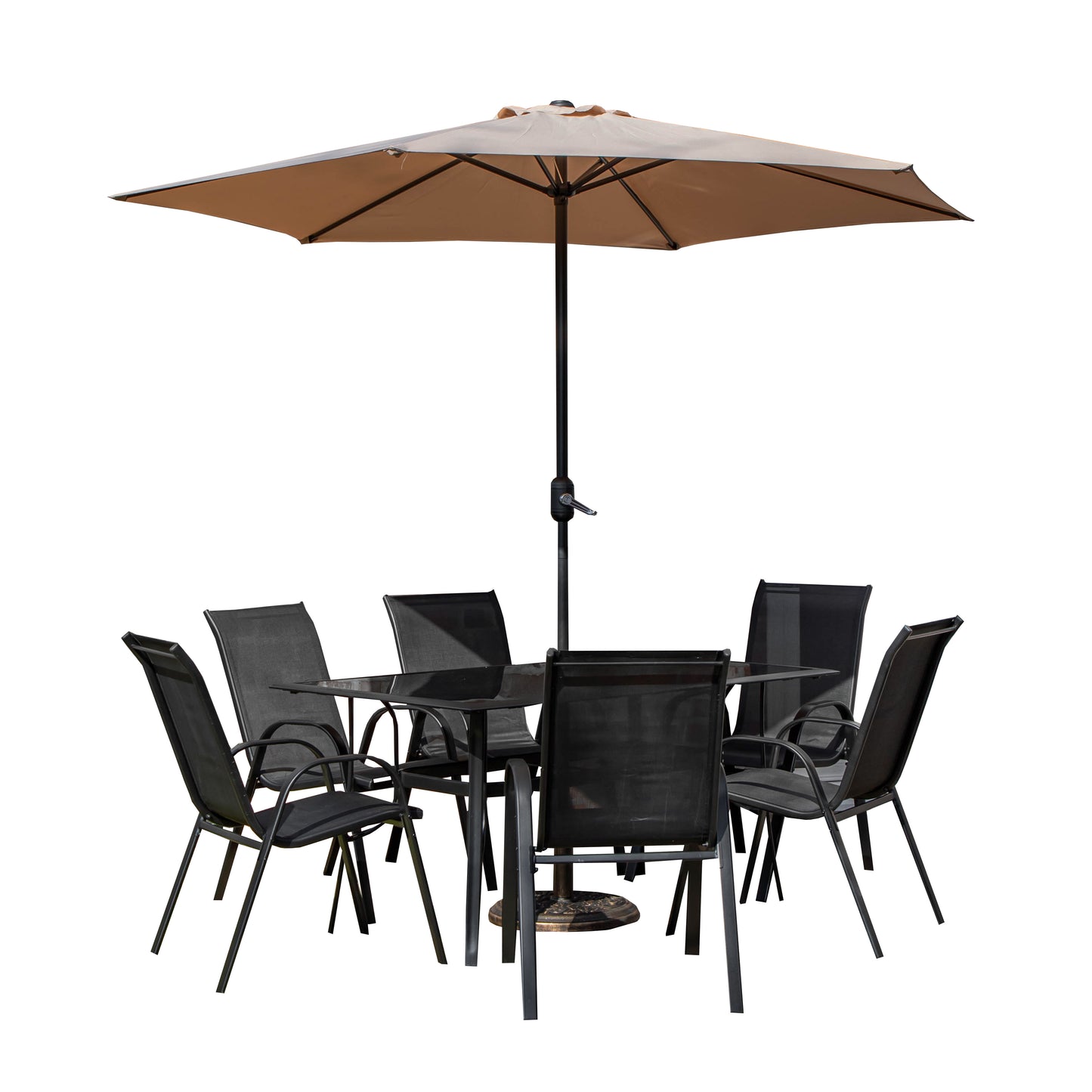 Outdoor 6 Person Rectangular Glass Top Garden Patio Dining Table Chairs With Beige Parasol and Base Set