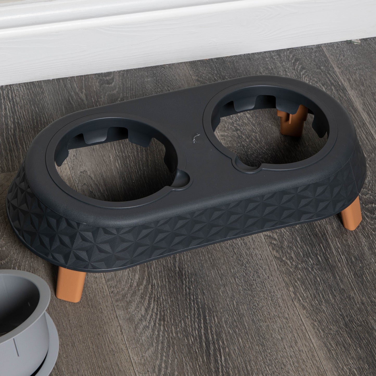 16cm x 9cm Grey Plastic Raised Double Pet Bowl Feeding Station with Stand