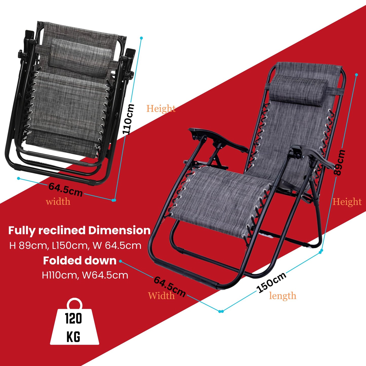 Factory Seconds: Pack of 2 Multi Position Garden Gravity Relaxer Chair Sun Loungers with Sun Canopy in Grey