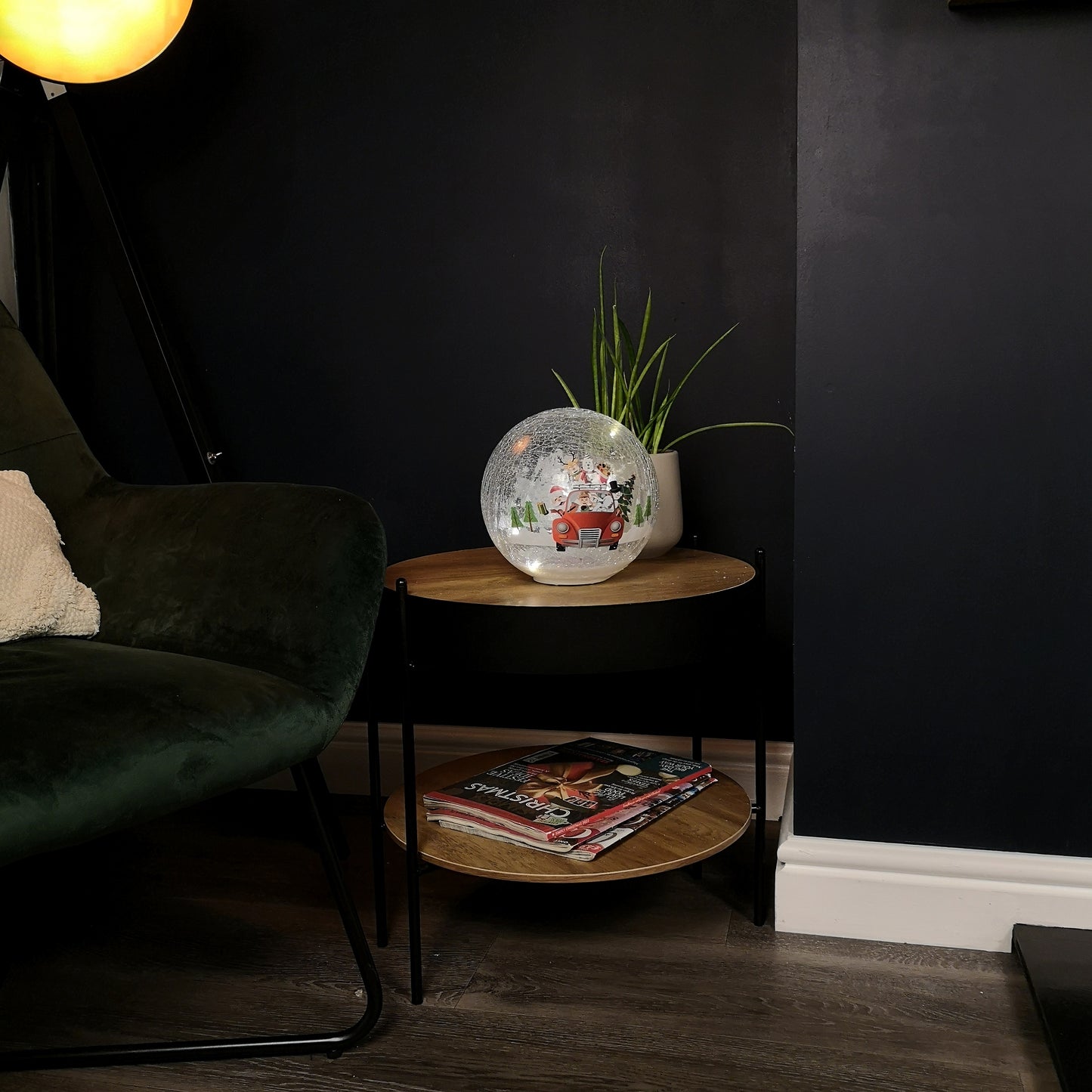 20cm Battery Operated Twinkling Warm White LED Crackle Effect Ball Decoration with Santa and Friends in Car