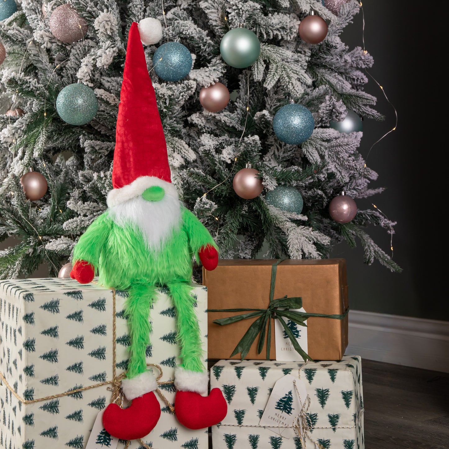 30cm Soft Green Fur Christmas Sitting Gronk Decoration with Dangly Legs