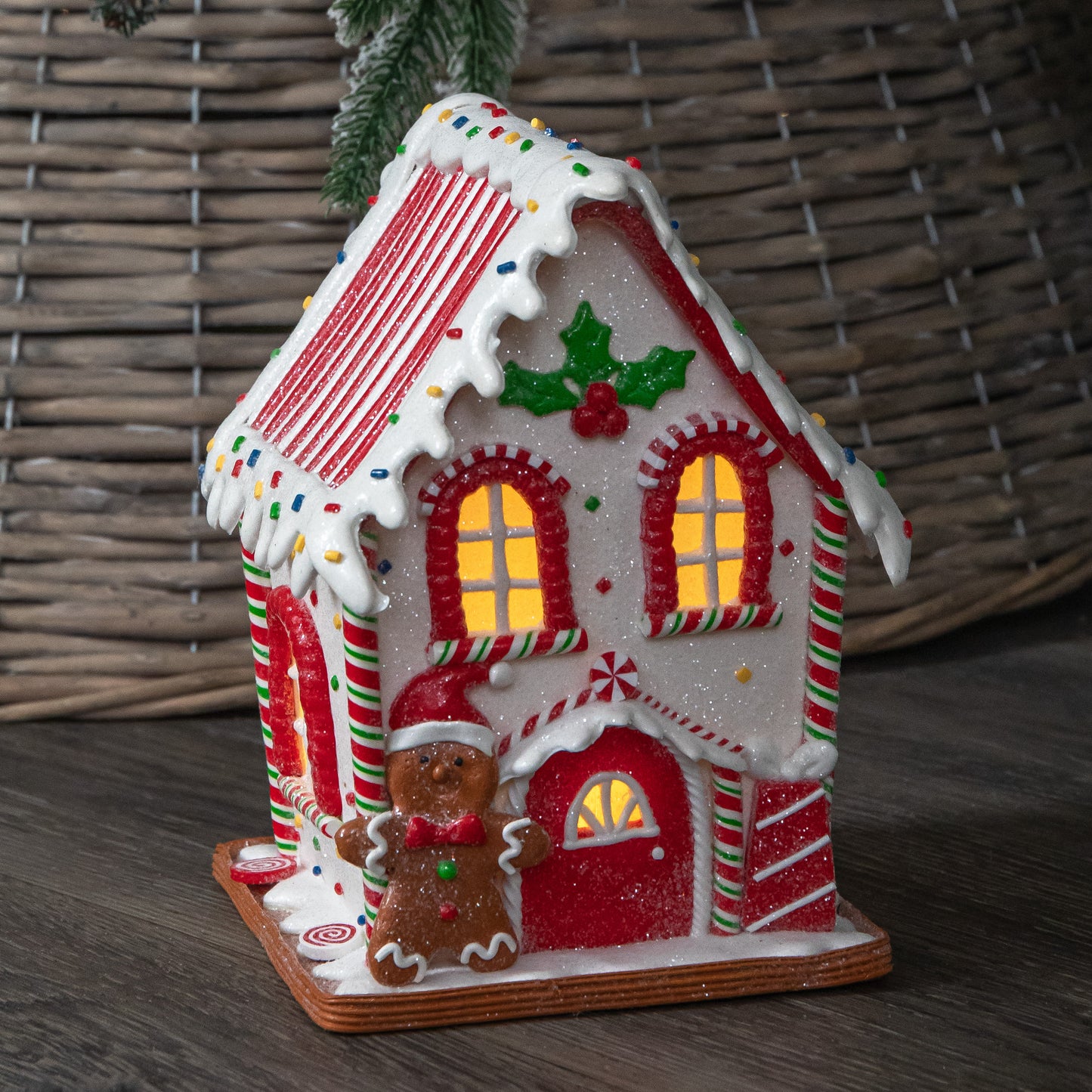 20cm Battery Operated Light up Gingerbread Candy Cabin with Warm White LEDs