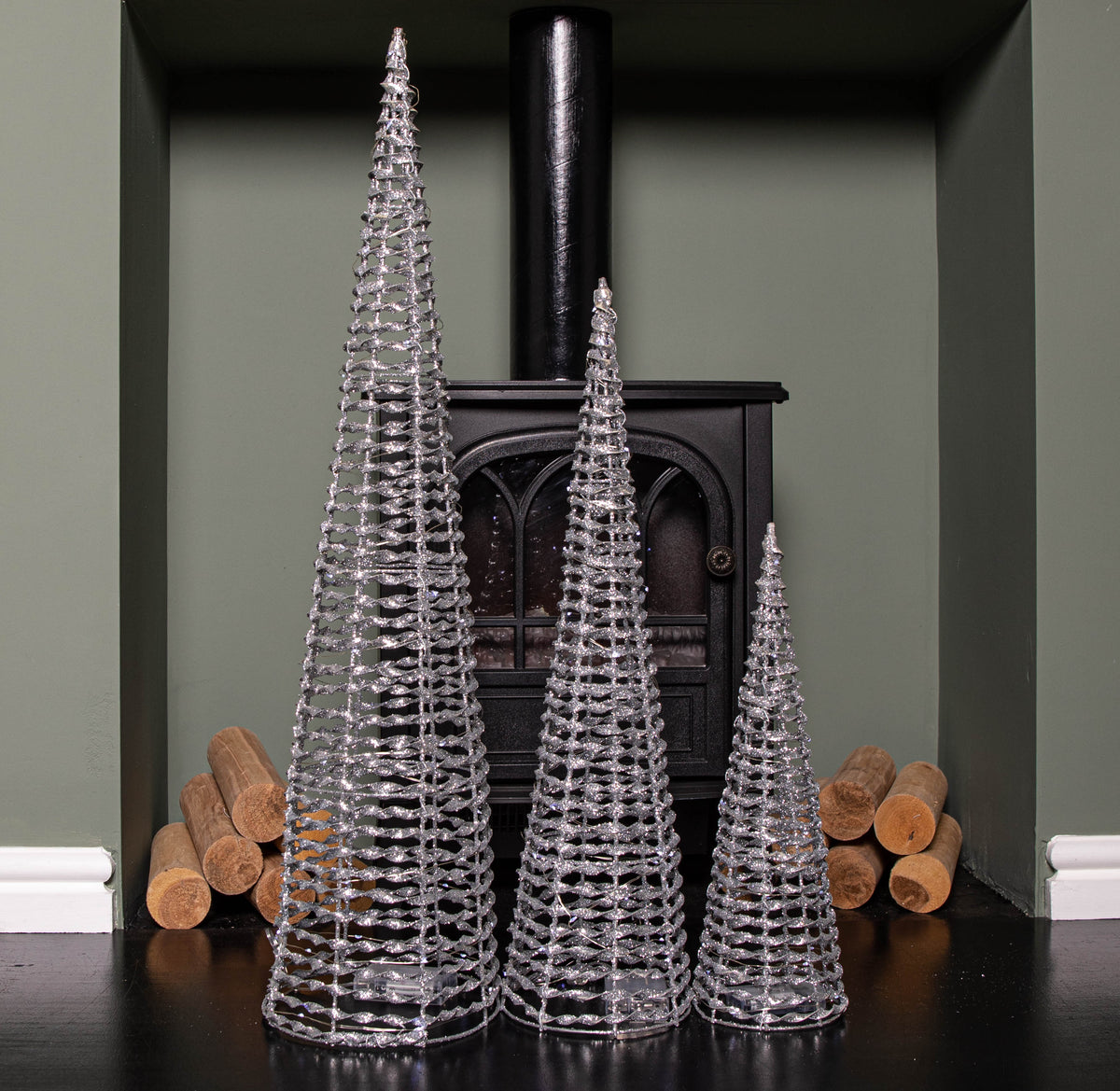 Set of 3 Silver Glitter Twist Christmas Cone Trees with 90 Cool White LEDs