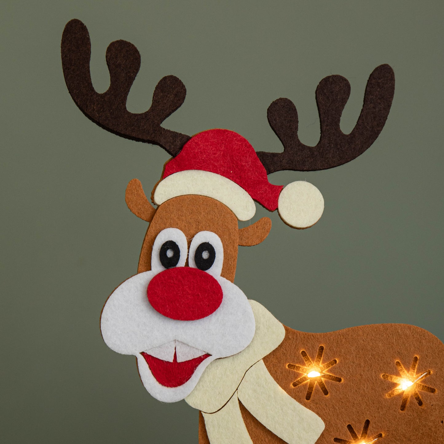 32cm Battery Operated Light up Felt Reindeer with Santa Hat and Warm White LEDs