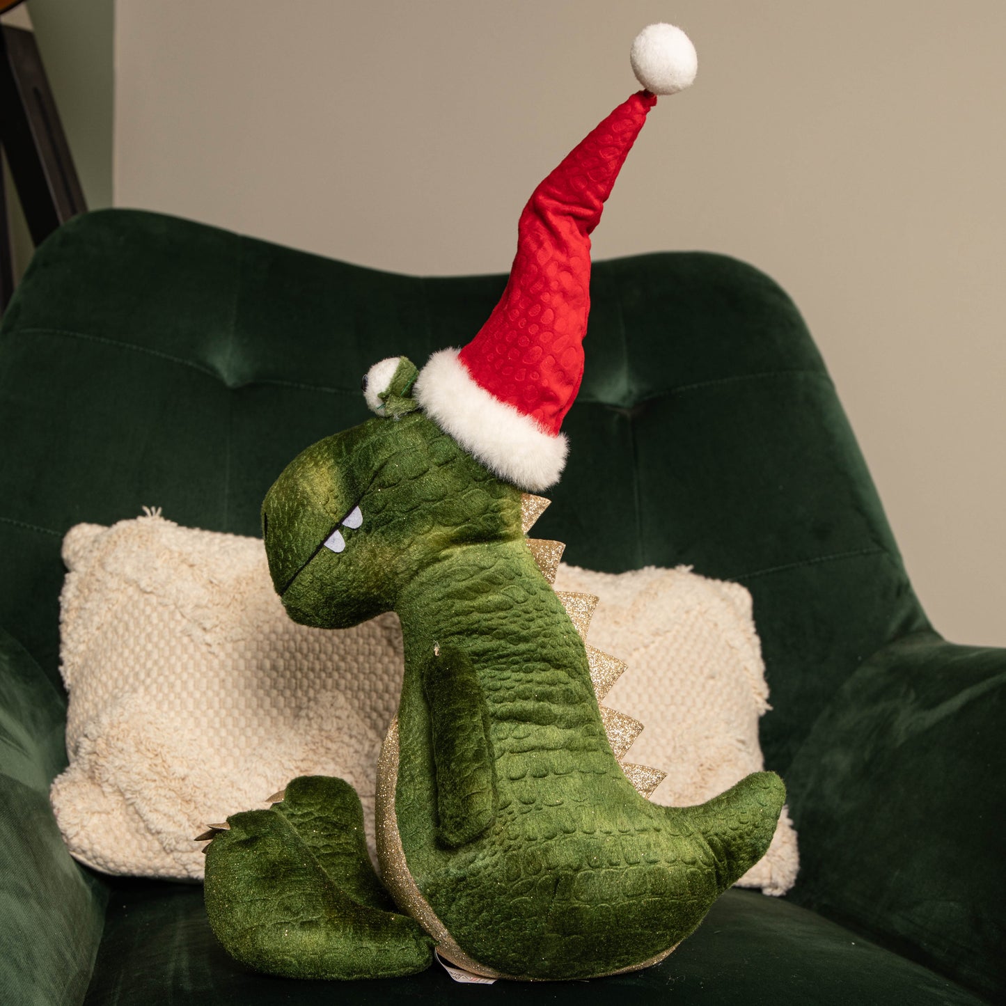48cm Green Sitting Christmas Dinosaur with Santa Hat