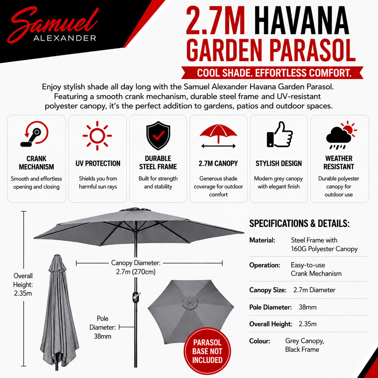 Samuel Alexander 2.7m Havana Garden Patio Parasol with Crank Handle in Grey