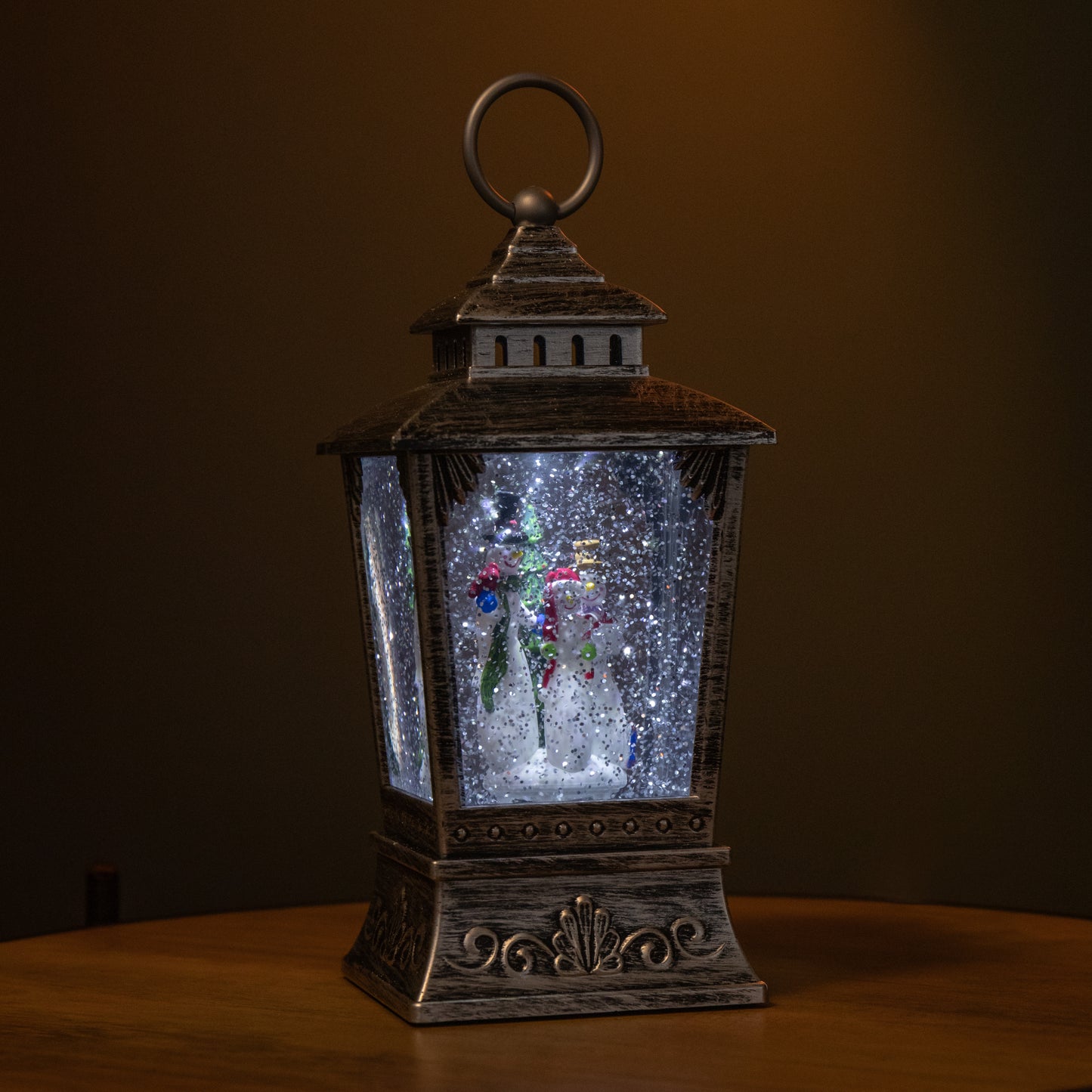 24cm Antique Trapezoid Lantern Glitter Water Spinner with Snowman Christmas Decoration