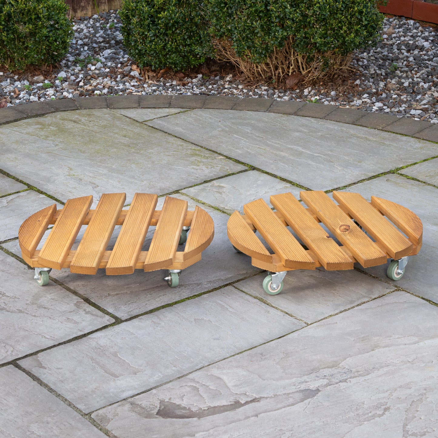 Pack of 2 Tom Chambers Handcrafted Heavy Duty Round Traditional Wood Garden Patio Plant Flower Pot Stand Caddy Trolley Dolly on Strong Metal Castor Wheels 40cm