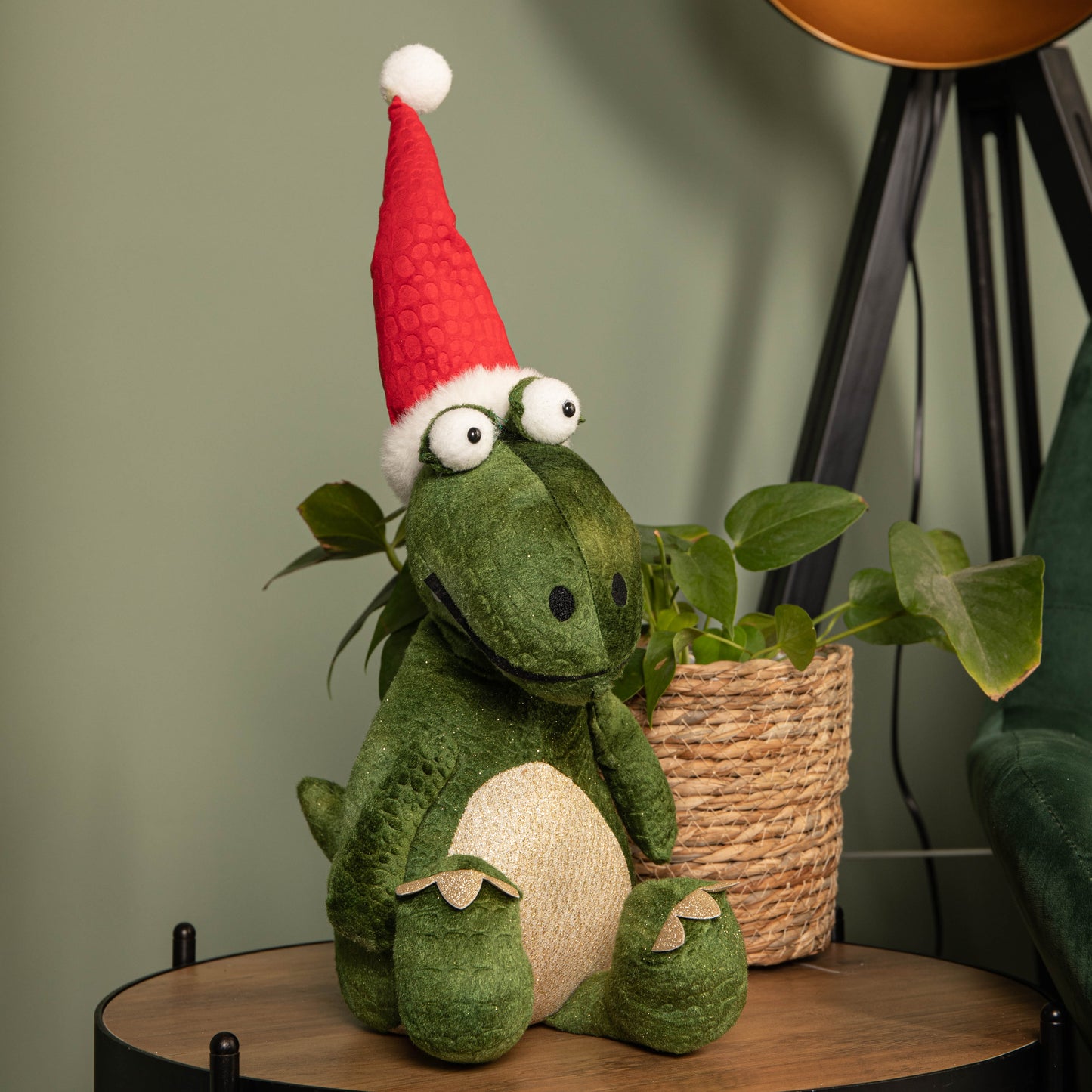 48cm Green Sitting Christmas Dinosaur with Santa Hat