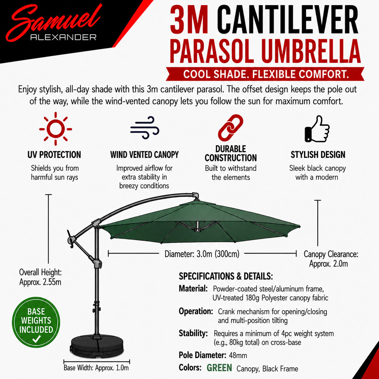 3m Cantilever Banana Garden Parasol with Crank Handle in Green with Base Bag Included