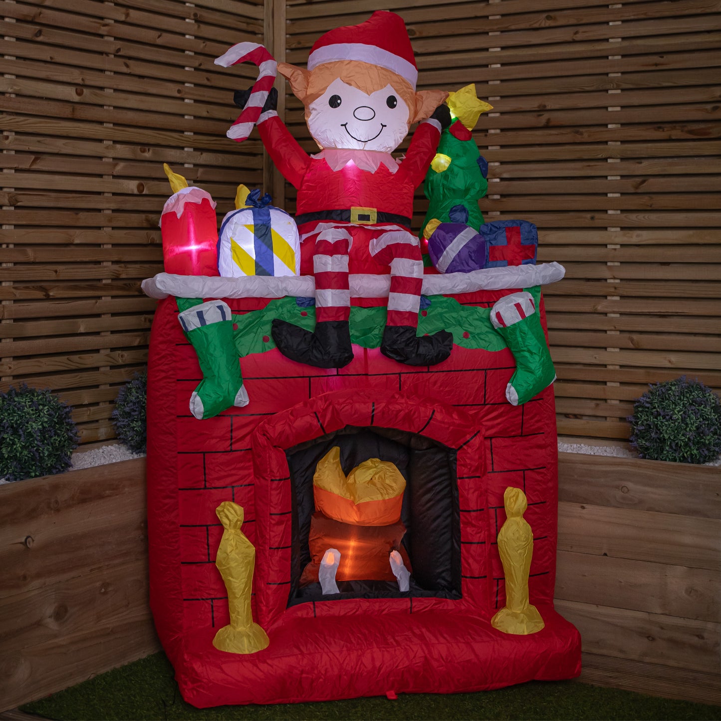 2m Tall Light up Fireplace Christmas Inflatable with Elf and White LEDs