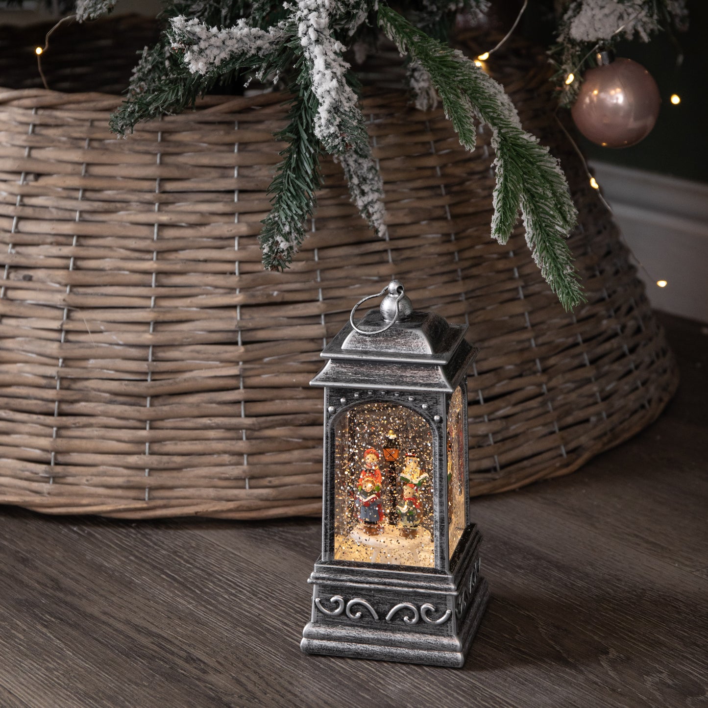 21cm Dual Powered Light up Lantern Christmas Water Spinner with Carol Scene