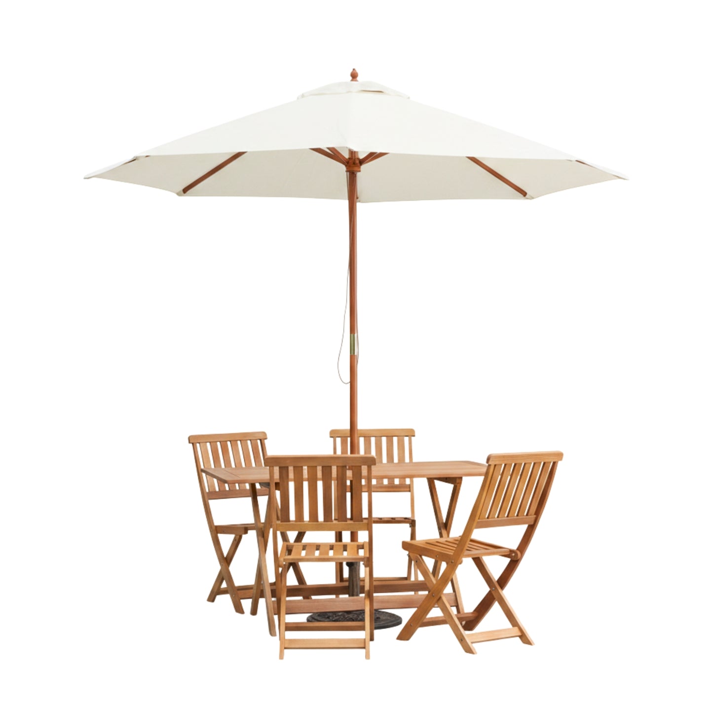 Outdoor 4 Person Folding Rectangular Wooden Garden Dining Table Chairs Cream Parasol and Base Set