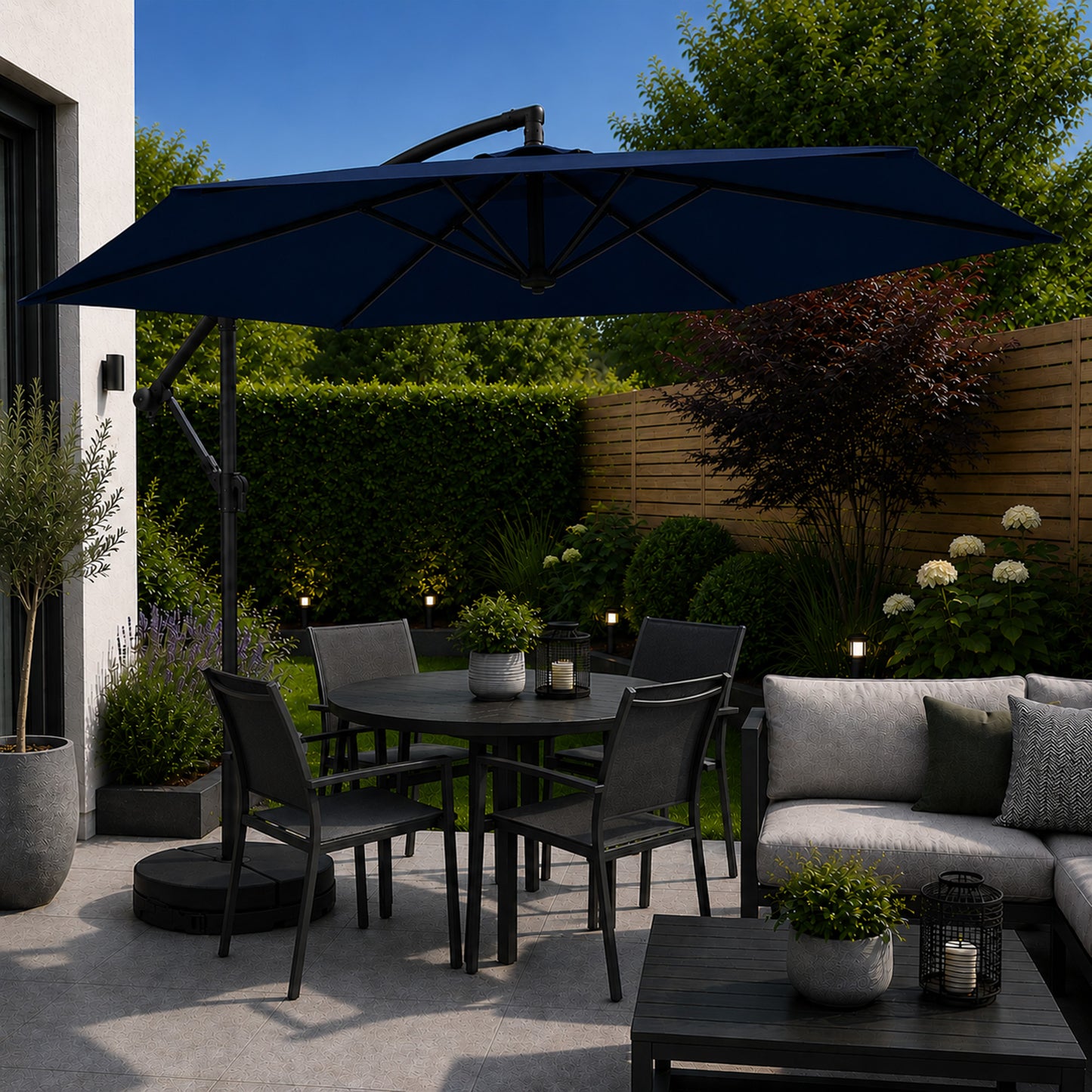 3m Cantilever Banana Garden Parasol with Crank Handle in Blue with Base Bag Included
