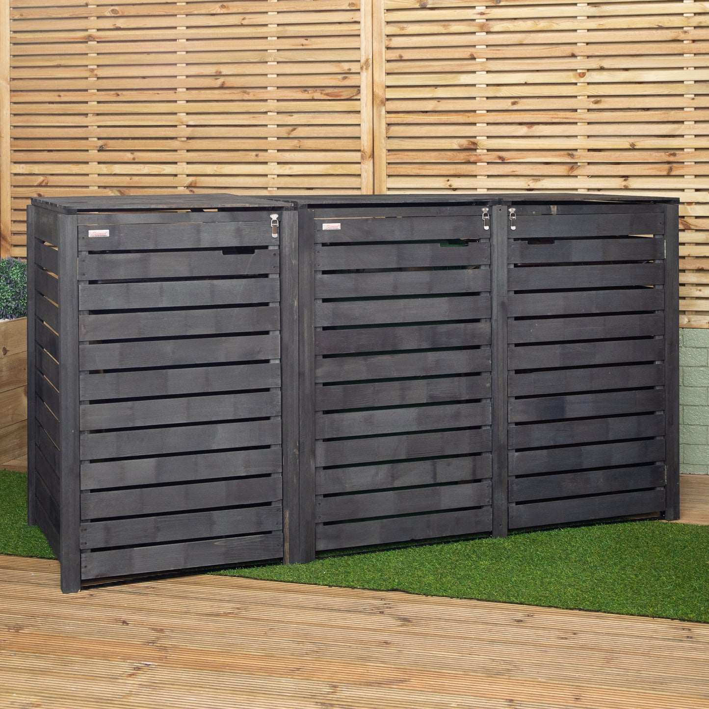 2.15m x 1.16m Outdoor Wooden Garden Triple Wheelie Bin Store Storage for 3 Bins in Dark Grey