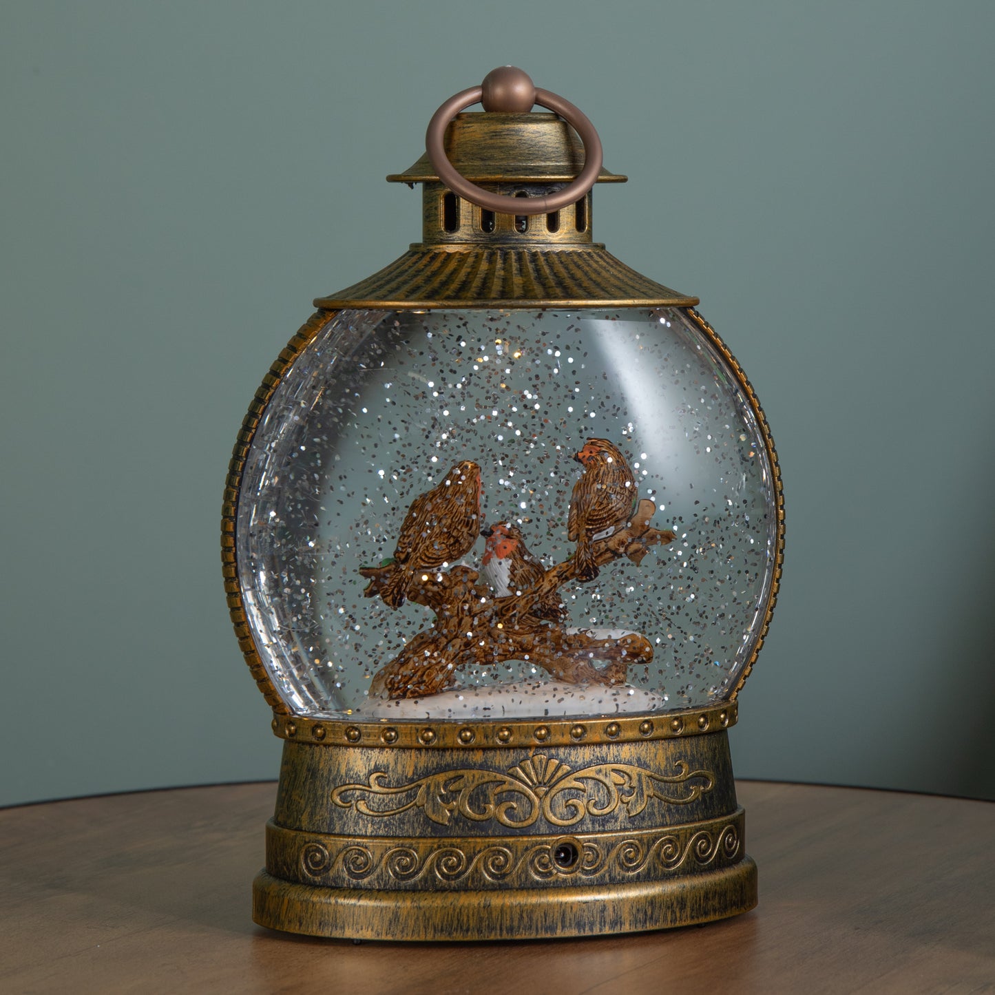 22cm Dual Powered Light up Antique Gold Christmas Robin Water Spinner with LEDs