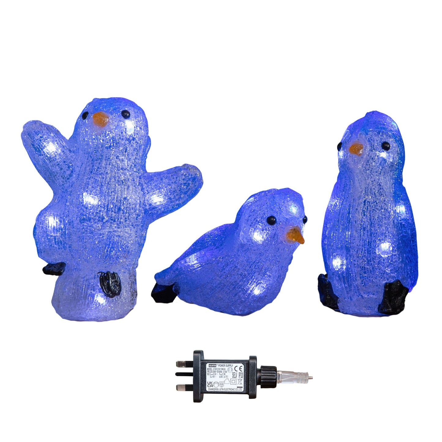 23cm Set of 3 Light up Acrylic Christmas Penguins with 30 Ice White LEDs