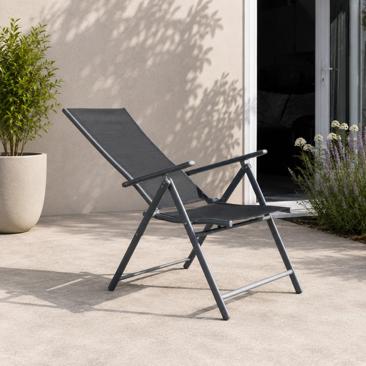 Outdoor Garden Patio Multi Position Reclining Folding Chair in Black and Silver