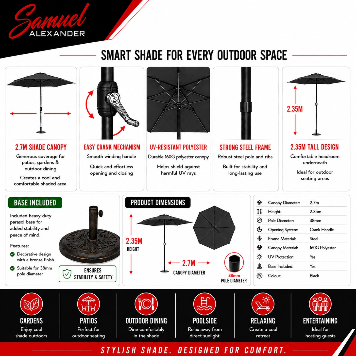 2.7m Havana Garden Patio Parasol with Crank Handle in Black with 9kg Base Included