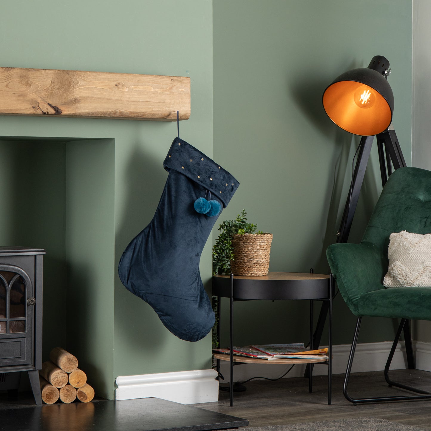 70cm Hanging Dark Blue Velour Star Print Christmas Stocking with Pom Poms